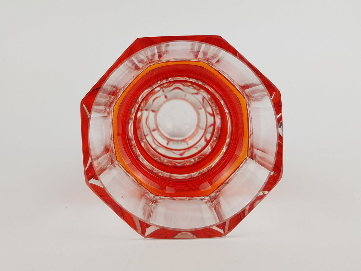 Vintage Stunning Red VEB GLASWERKE SCHMIEDEFELD by Oldrich Lipsky Octagonal Facetted Crystal Glass Exbor Vase 1960s 1970s