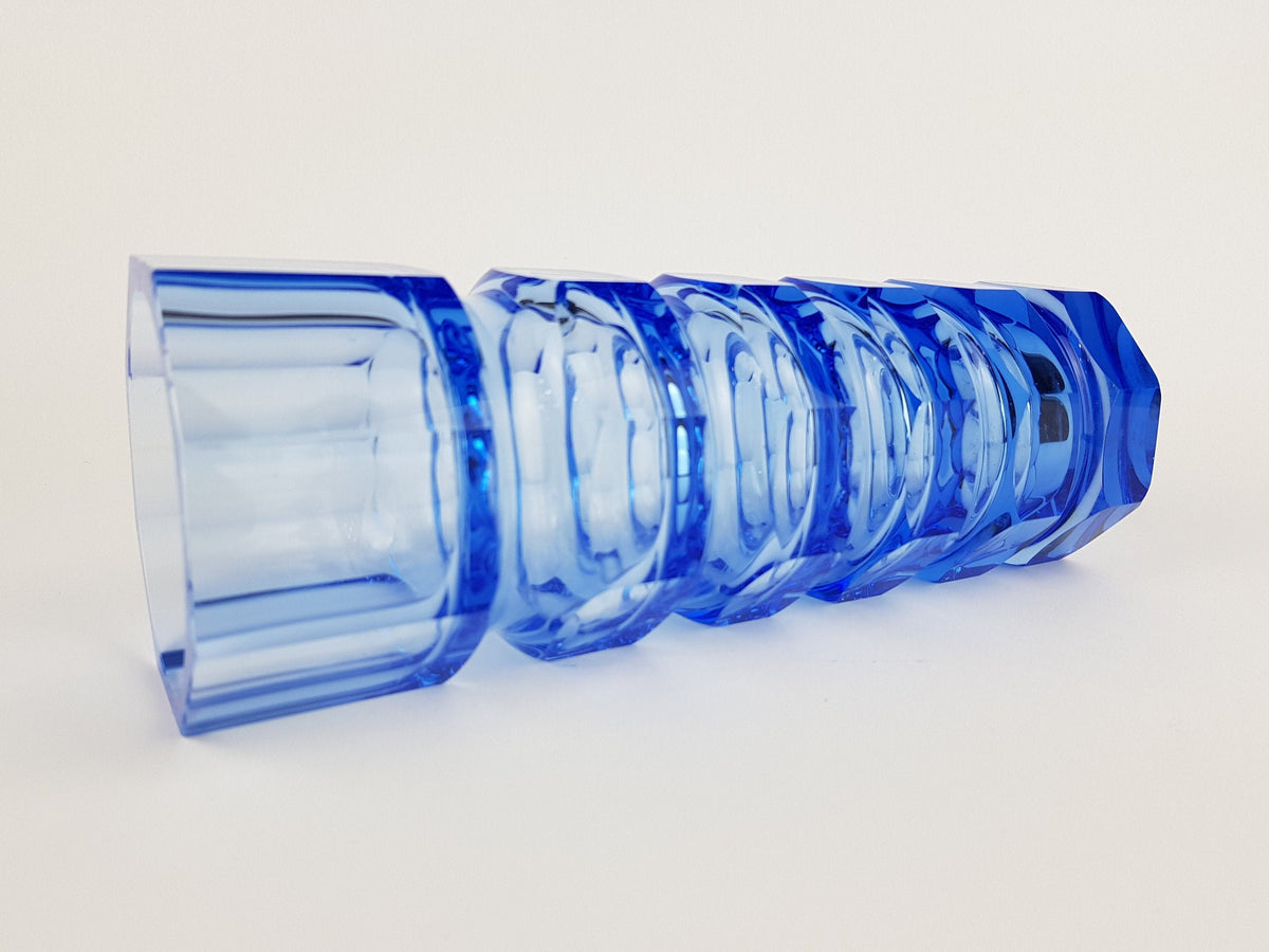 Vintage Blue VEB GLASWERKE SCHMIEDEFELD by Oldrich Lipsky Octagonal Facetted Crystal Glass Exbor Vase 1960s 1970s