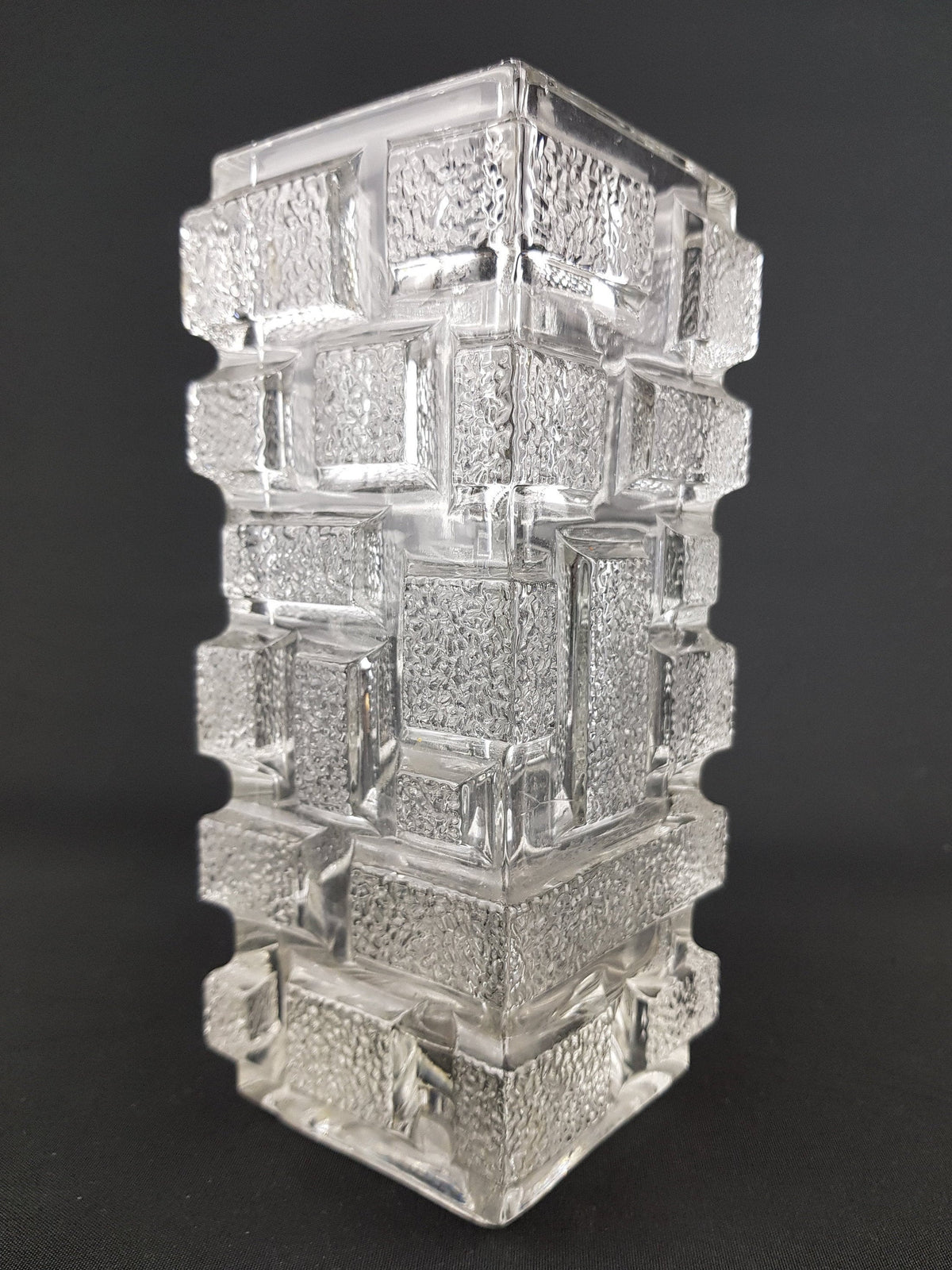 Vintage RUDOLFOVA HUŤ Brickwork Glass Vase by Jiří Zejmon Sklo Union Czechoslovakia 1969