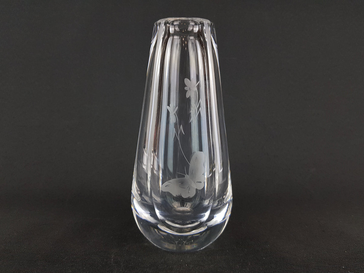 Vintage ORREFORS Clear Vase With Engraved Butterfly Decor From Sweden Scandinavia 1960 1970s