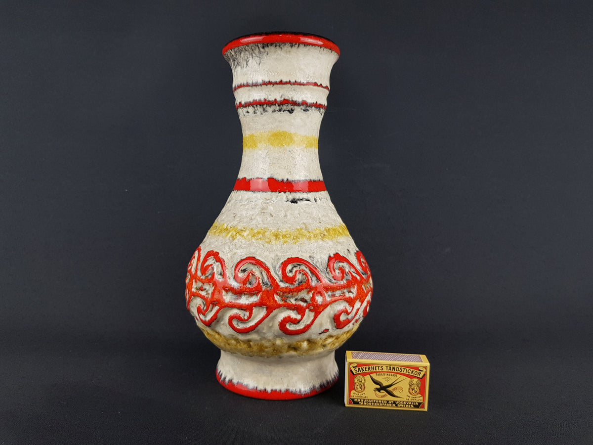 Vintage UBELACKER (Ü-Keramik) Fat Lava Red Yellow and Beige Vase 1382 27 West German Pottery 1960s 1970s