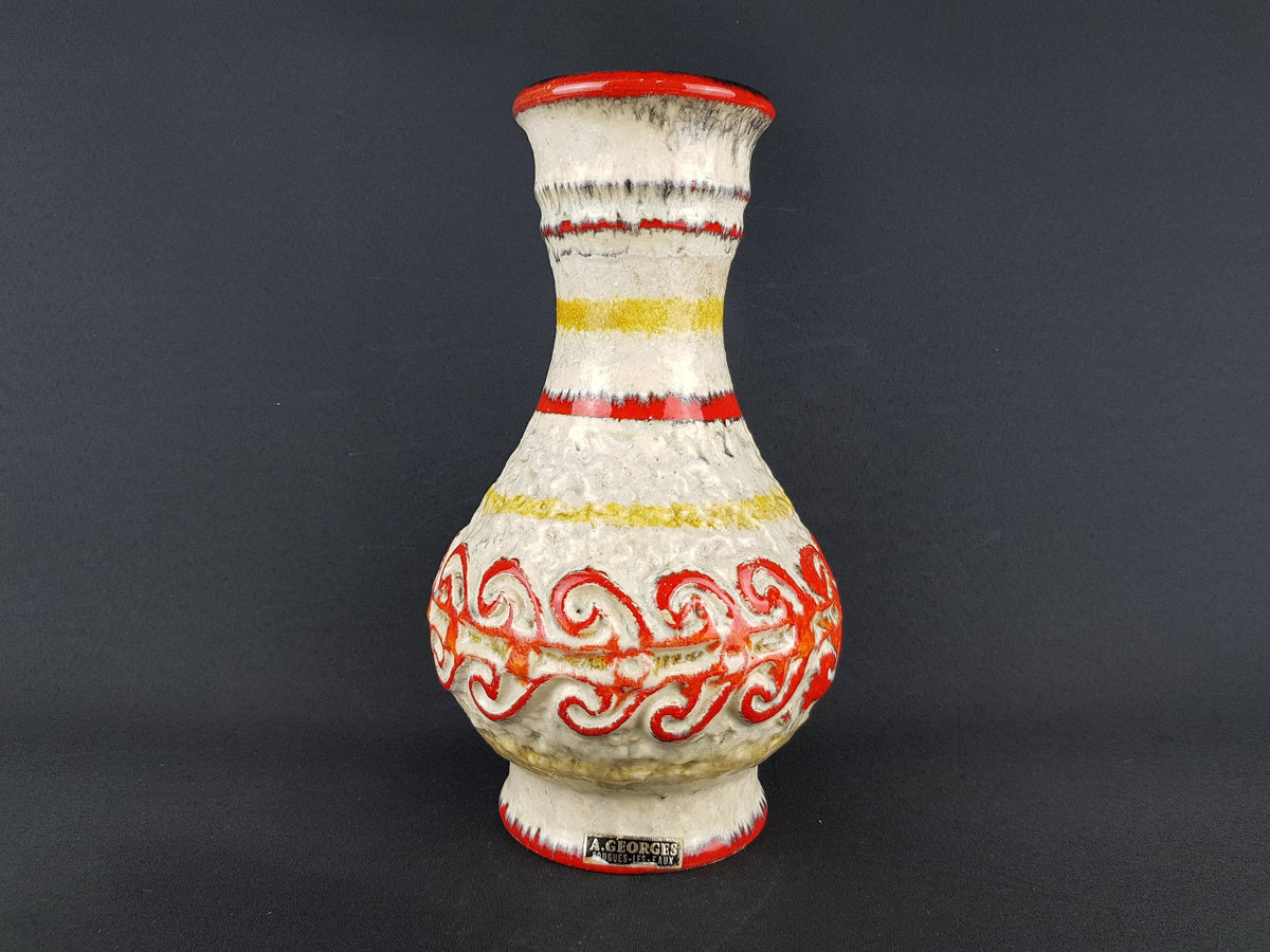 Vintage UBELACKER (Ü-Keramik) Fat Lava Red Yellow and Beige Vase 1382 27 West German Pottery 1960s 1970s