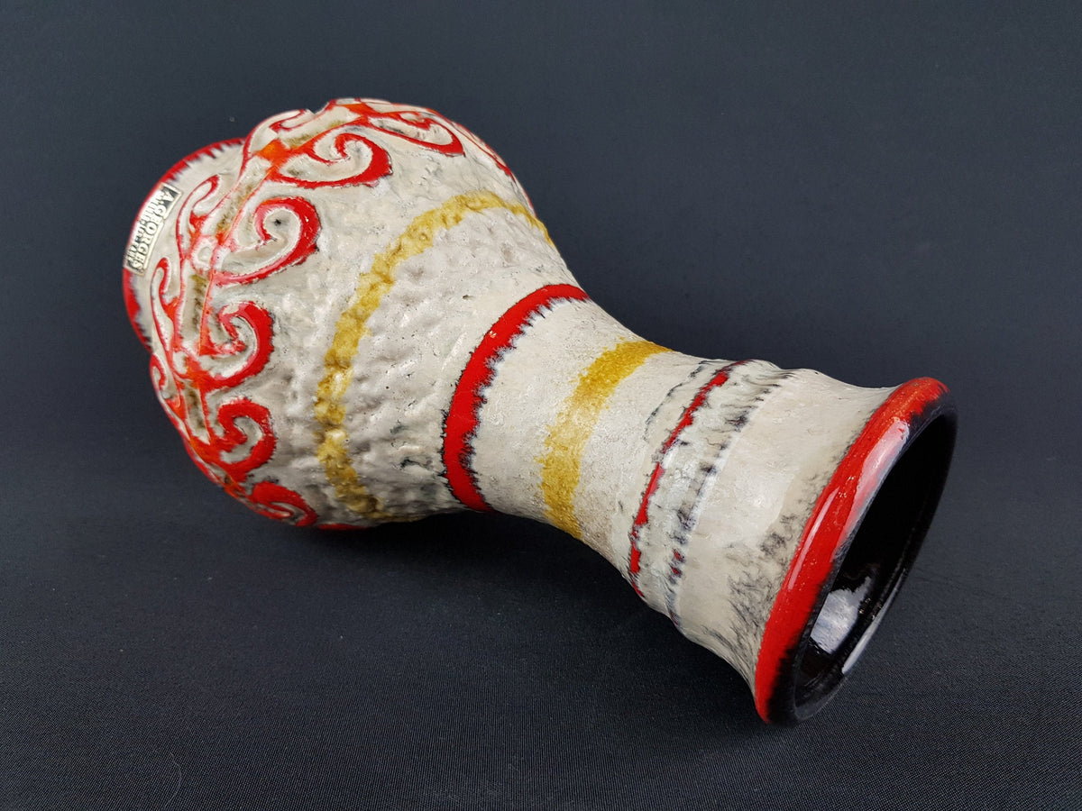 Vintage UBELACKER (Ü-Keramik) Fat Lava Red Yellow and Beige Vase 1382 27 West German Pottery 1960s 1970s