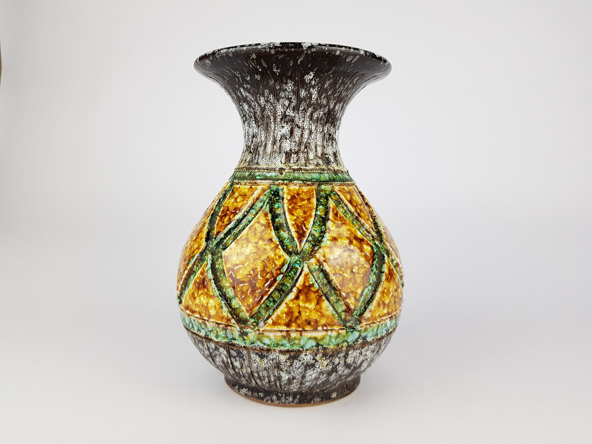 Vintage NUOVO RINASCIMENTO CERAMICHE Vase Black White Green and Yellow 1970s Italian Pottery