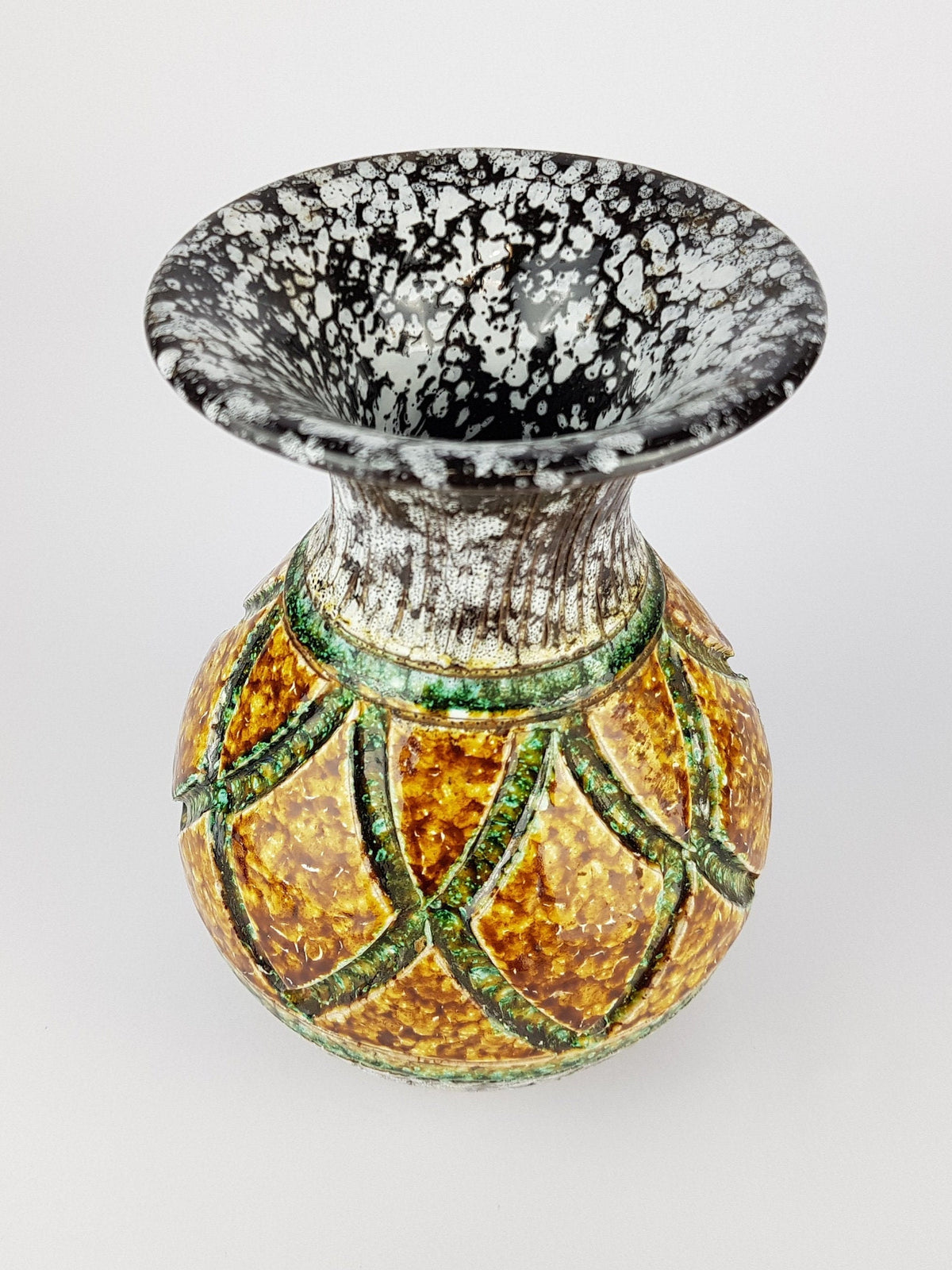 Vintage NUOVO RINASCIMENTO CERAMICHE Vase Black White Green and Yellow 1970s Italian Pottery
