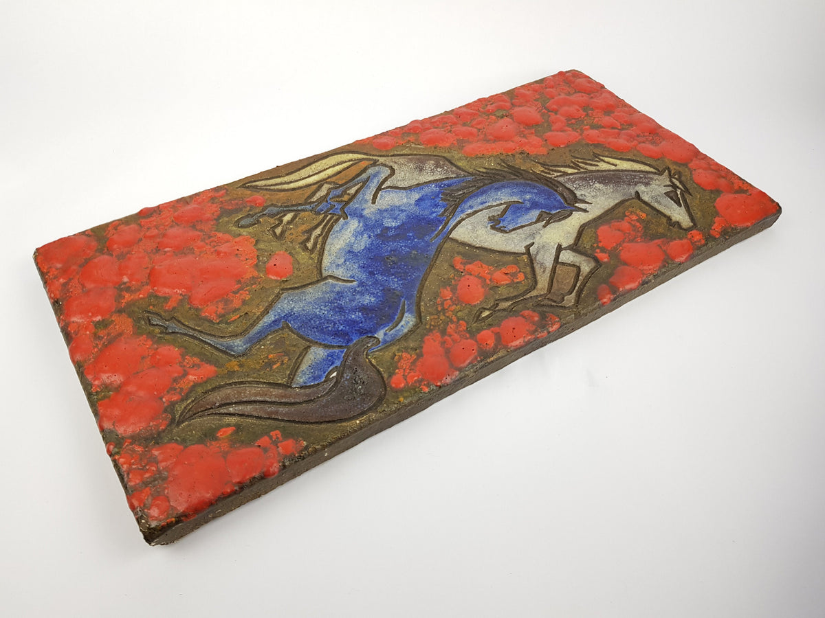 Rare RUSCHA KERAMIK Dokumenta Wall Plaque by Adele Bolz Red Fat Lava Horses 1962