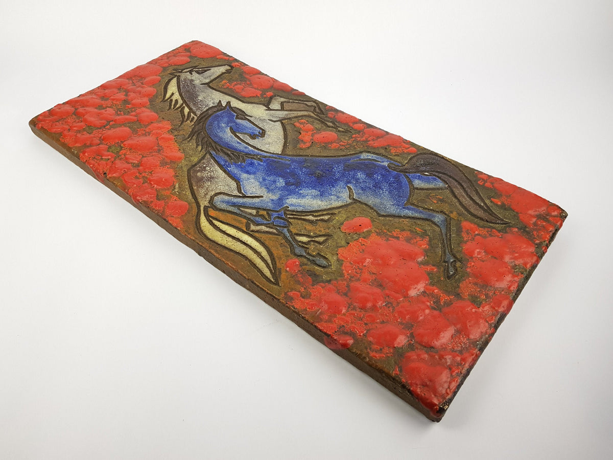 Rare RUSCHA KERAMIK Dokumenta Wall Plaque by Adele Bolz Red Fat Lava Horses 1962