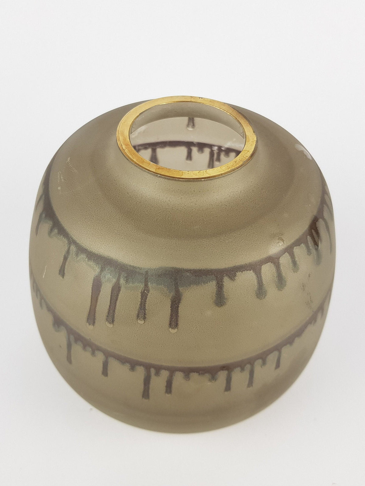 Vintage GRAL GLAS Ball Vase Matt Smoke Glaze With Golden Rim And Drip Decor Germany 1960s 1970s