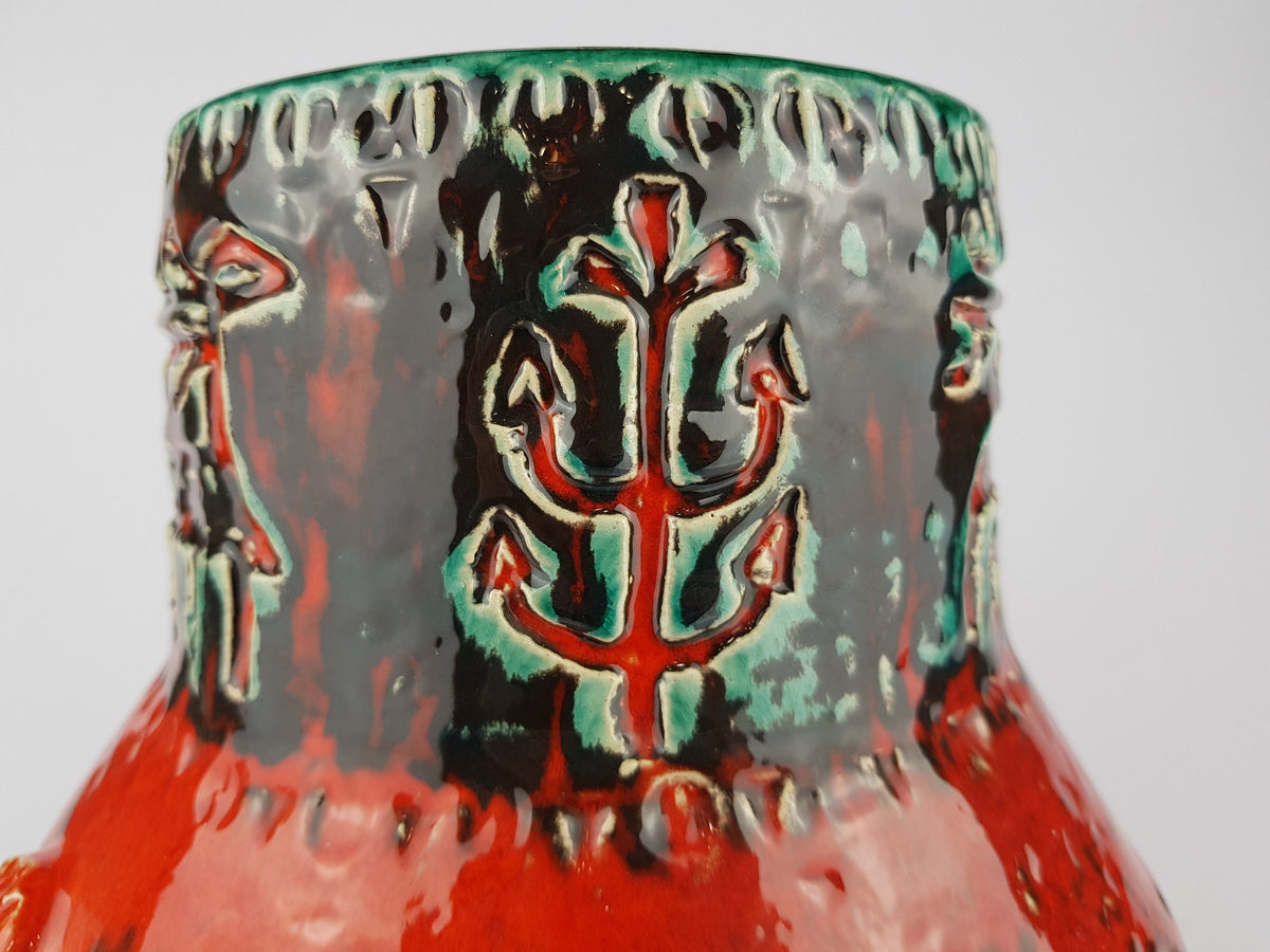 Large Vintage SPARA KERAMIK Red and Turquoise Fat Lava Vase with Relief Decor 532 30 Design By Halidan Kutlv West German Pottery 1960s