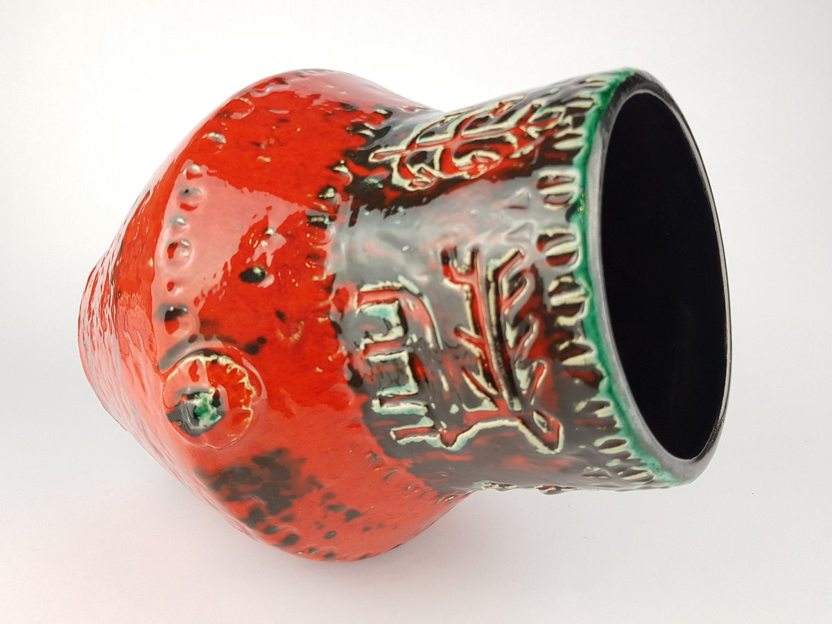 Large Vintage SPARA KERAMIK Red and Turquoise Fat Lava Vase with Relief Decor 532 30 Design By Halidan Kutlv West German Pottery 1960s
