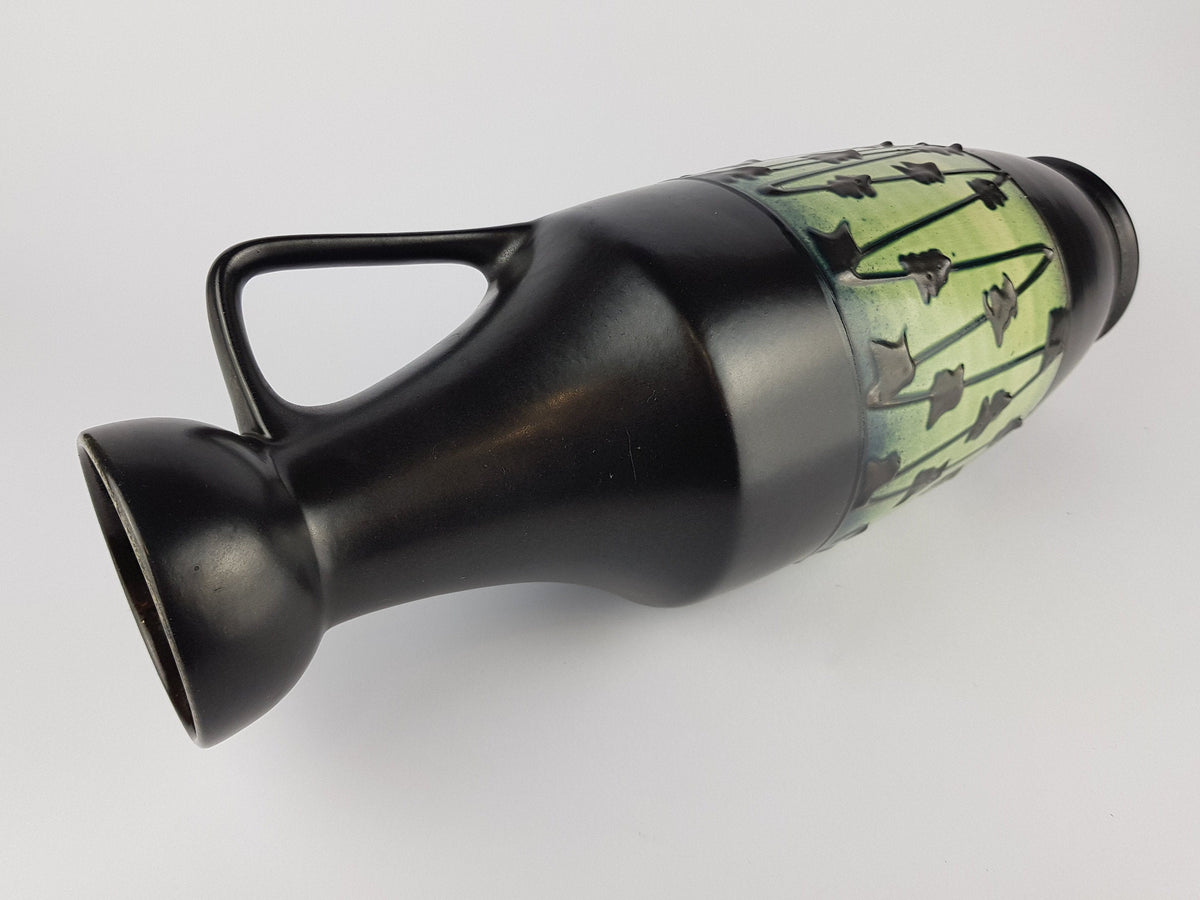 Vintage DÜMLER & BREIDEN KERAMIK Black Light Green And Blue Accents Fat Lava Era Vase West German Pottery 347-40 | 1970s