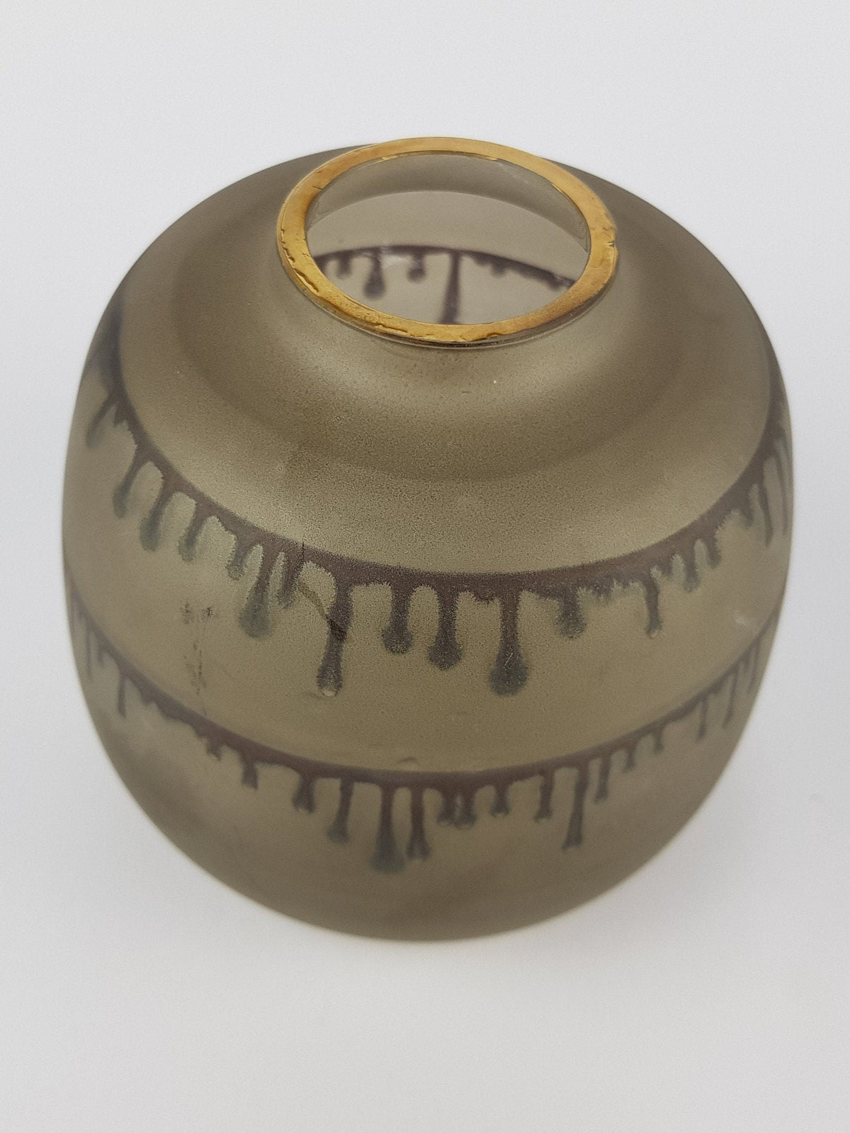 Vintage GRAL GLAS Ball Vase Matt Smoke Glaze With Golden Rim And Drip Decor Germany 1960s 1970s
