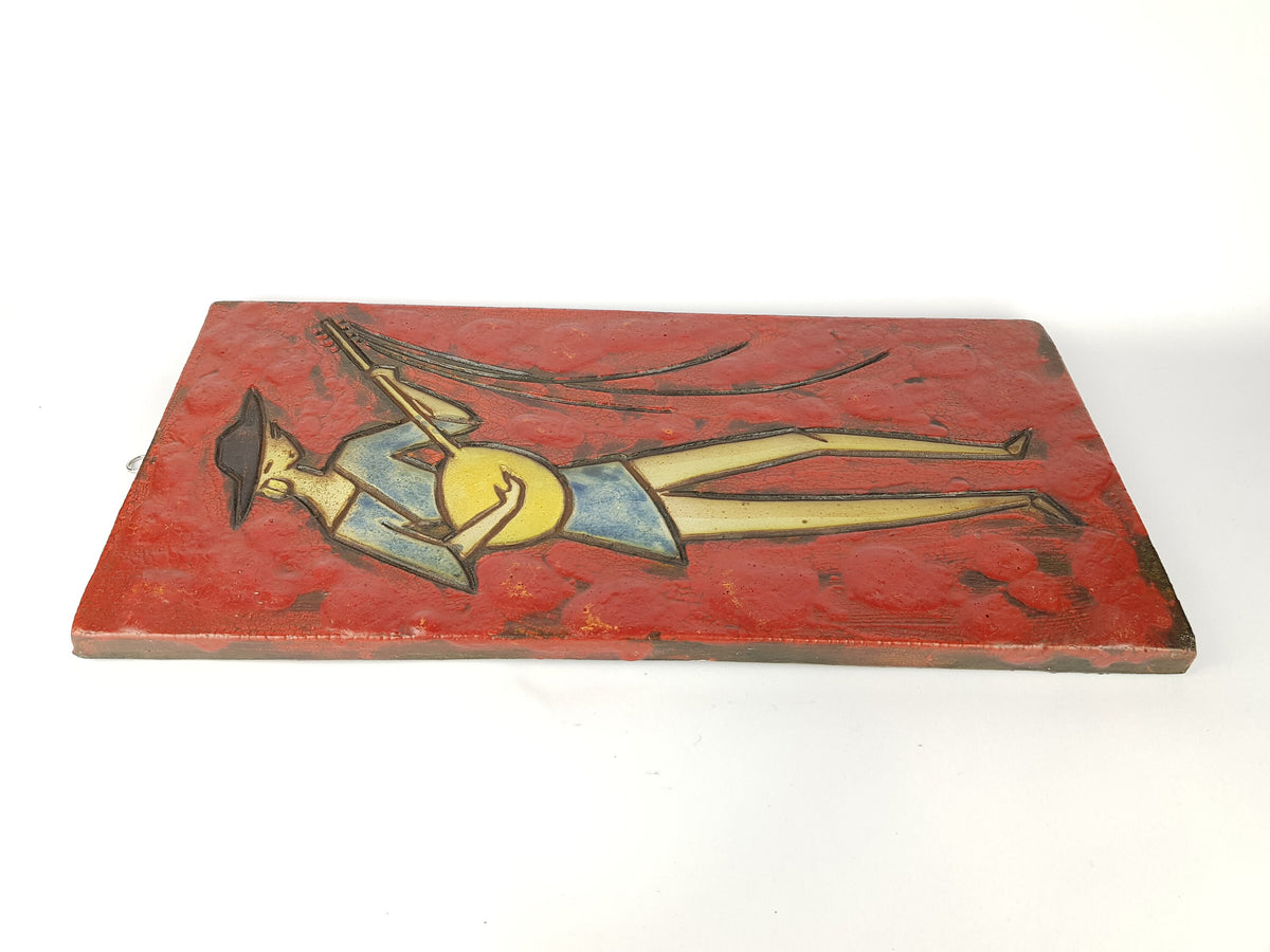 Rare Vintage Red RUSCHA KERAMIK Fat Lava Wall Plate with Musician Decor Dokumenta Serie by Adele Bolz 1962s