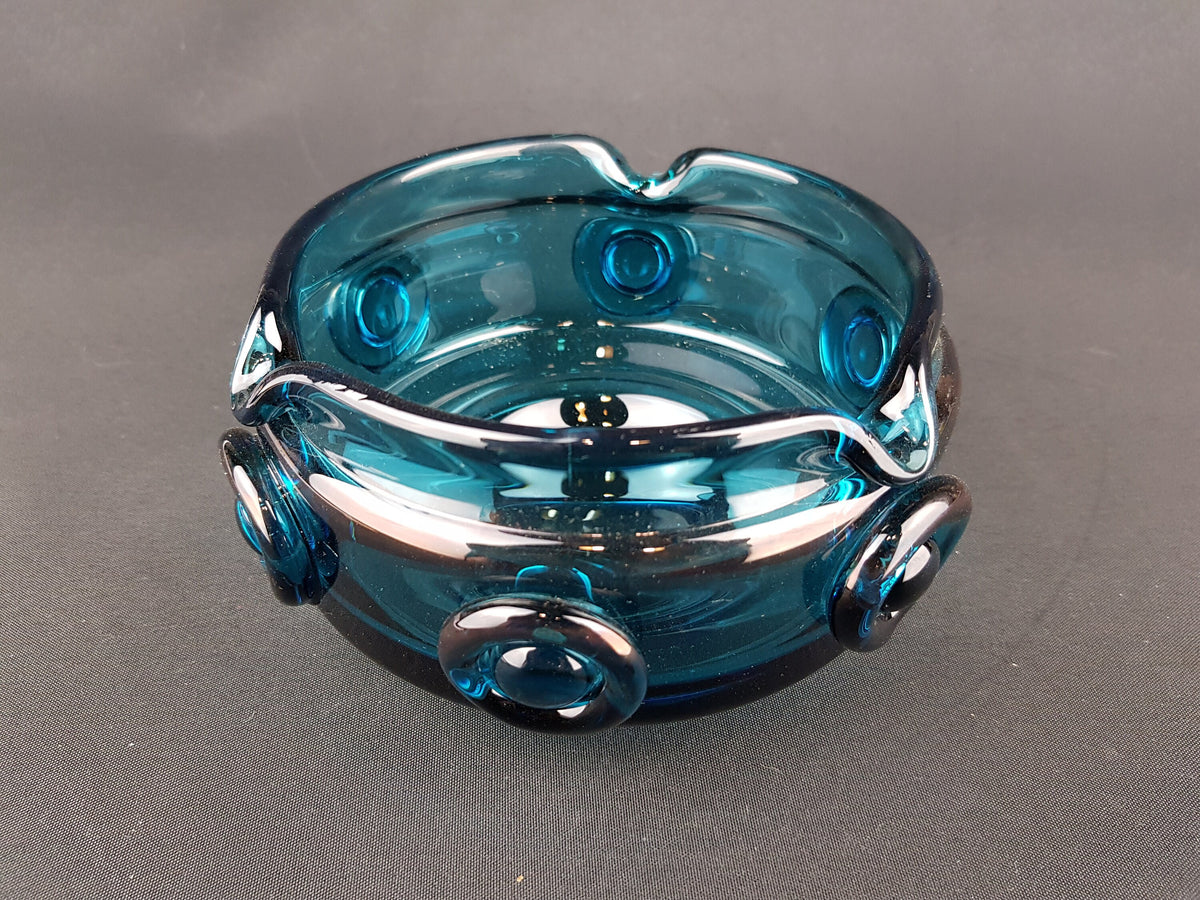 Vintage 1960-70s PRACHEN GLASS Turquoise Design Bowl With 3D Decor By Josef Hospodka
