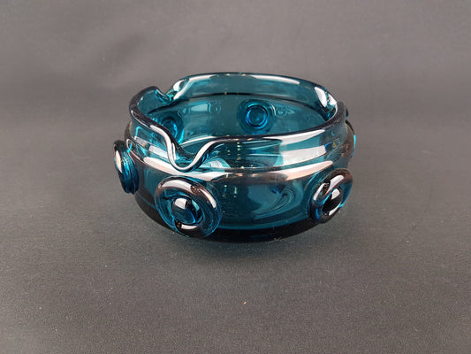 Vintage 1960-70s PRACHEN GLASS Turquoise Design Bowl With 3D Decor By Josef Hospodka