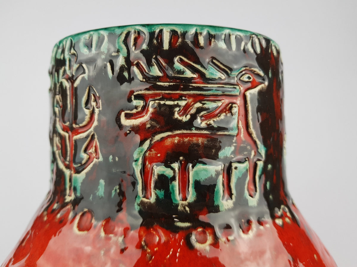 Large Vintage SPARA KERAMIK Red and Turquoise Fat Lava Vase with Relief Decor 532 30 Design By Halidan Kutlv West German Pottery 1960s