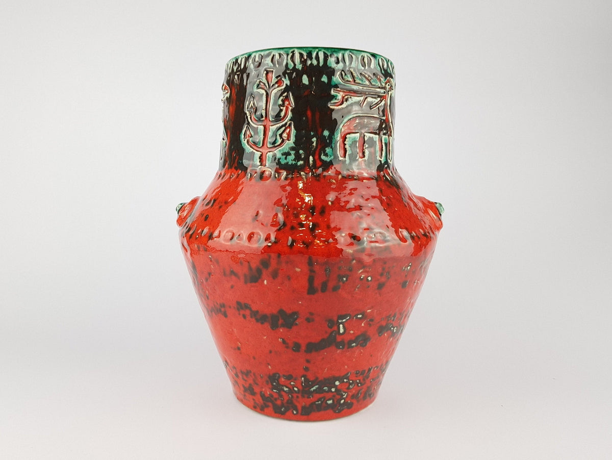 Large Vintage SPARA KERAMIK Red and Turquoise Fat Lava Vase with Relief Decor 532 30 Design By Halidan Kutlv West German Pottery 1960s