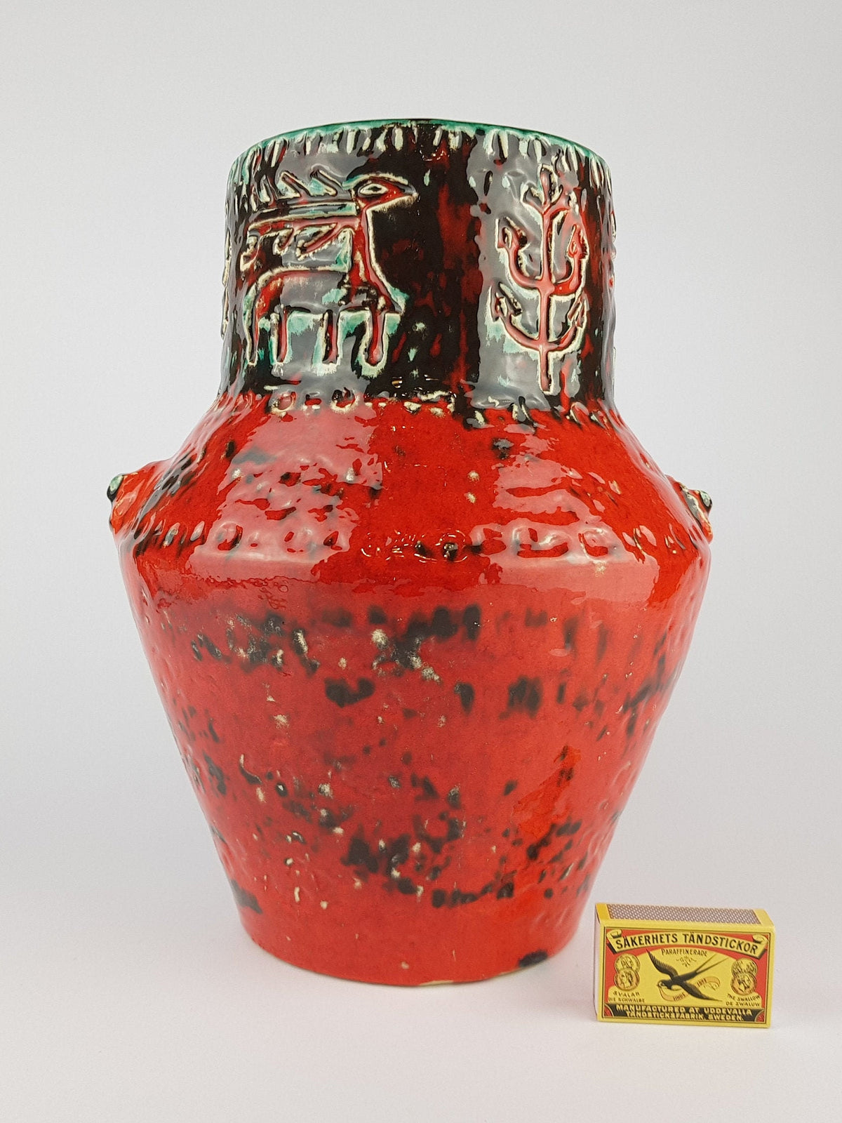 Large Vintage SPARA KERAMIK Red and Turquoise Fat Lava Vase with Relief Decor 532 30 Design By Halidan Kutlv West German Pottery 1960s