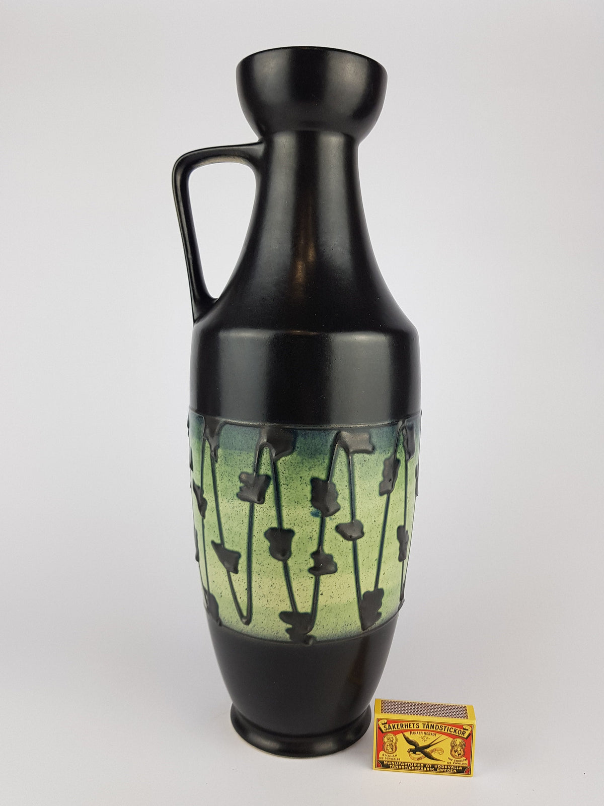 Vintage DÜMLER & BREIDEN KERAMIK Black Light Green And Blue Accents Fat Lava Era Vase West German Pottery 347-40 | 1970s