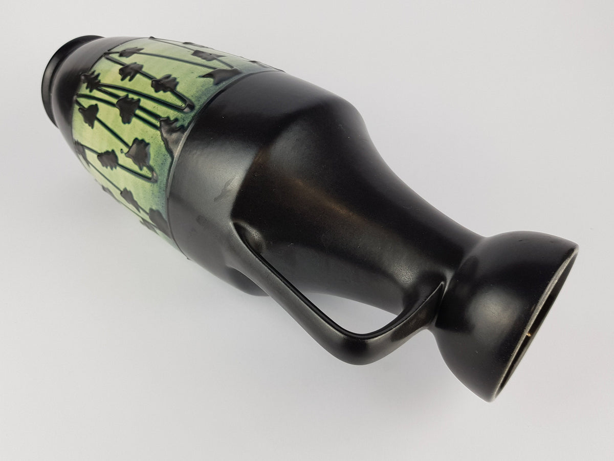 Vintage DÜMLER & BREIDEN KERAMIK Black Light Green And Blue Accents Fat Lava Era Vase West German Pottery 347-40 | 1970s