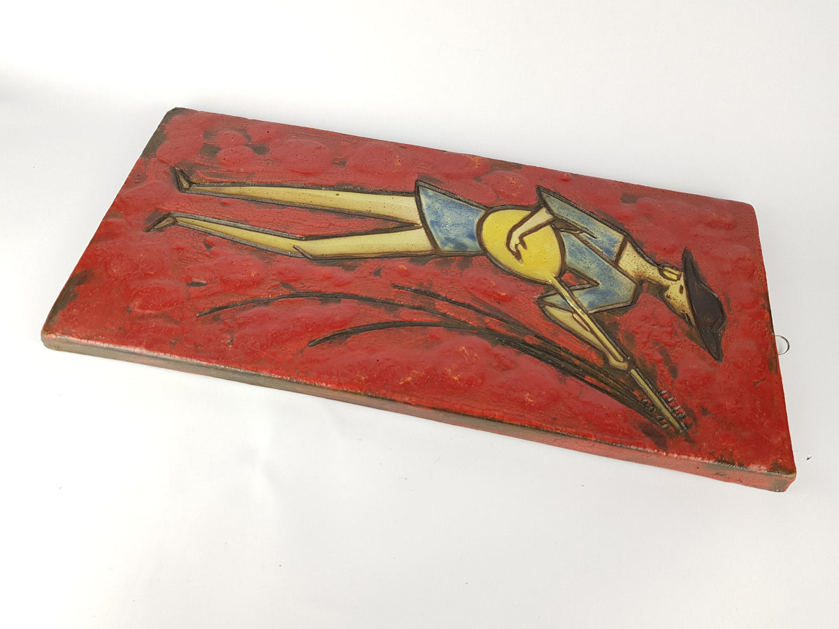 Rare Vintage Red RUSCHA KERAMIK Fat Lava Wall Plate with Musician Decor Dokumenta Serie by Adele Bolz 1962s