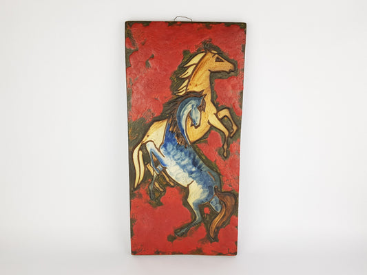 Rare Vintage Red RUSCHA KERAMIK Fat Lava Wall Plate with Horses Decor Dokumenta Serie by Adele Bolz 1962s
