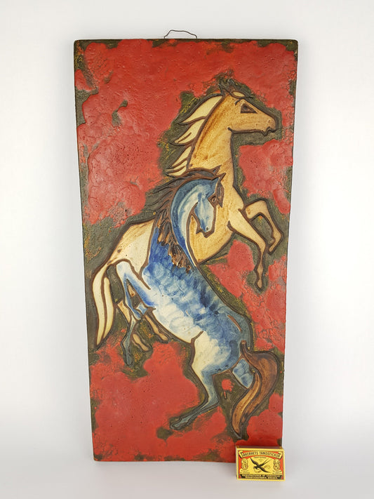 Rare Vintage Red RUSCHA KERAMIK Fat Lava Wall Plate with Horses Decor Dokumenta Serie by Adele Bolz 1962s