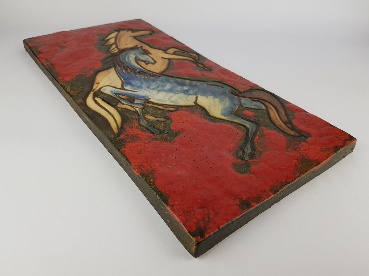 Rare Vintage Red RUSCHA KERAMIK Fat Lava Wall Plate with Horses Decor Dokumenta Serie by Adele Bolz 1962s