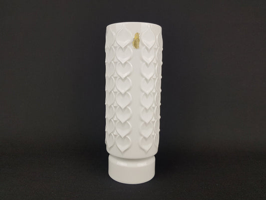 Vintage AK KAISER White Porcelain Op Art Vase with Leaf / Hearts decor 182 2 West Germany 1970s
