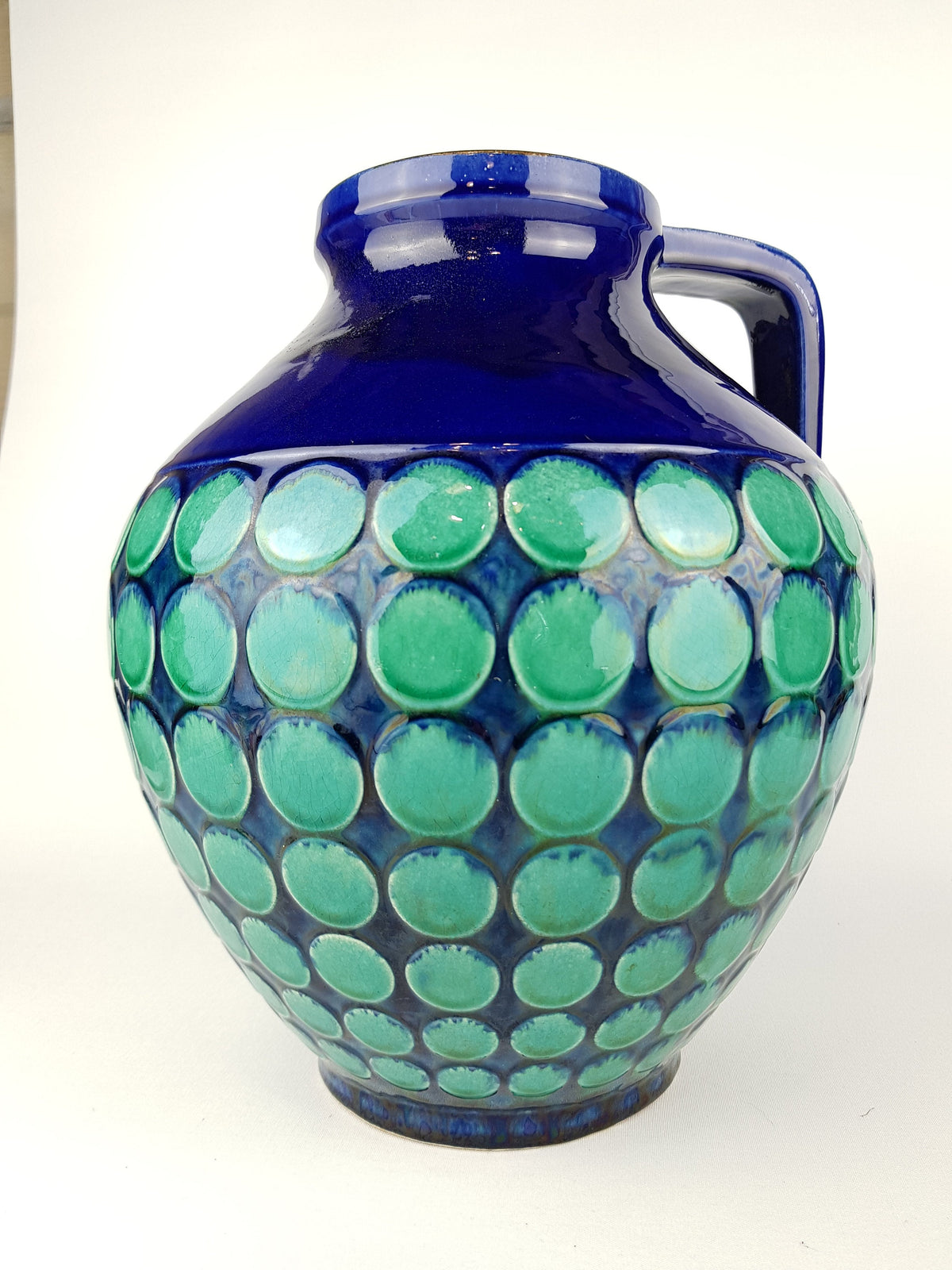 XL Vintage CARSTENS KERAMIK Fat Lava Vase Blue with Turquoise Relief Dots 223-31 West German Pottery 1960s