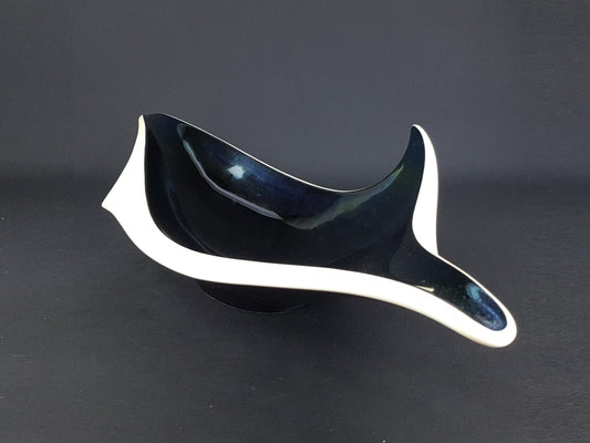 Vintage French Design VERCERAM Ceramique Mother Of Pearl Iridescent Black Dolphin Fruit Bowl 1950s 1960s France Pottery