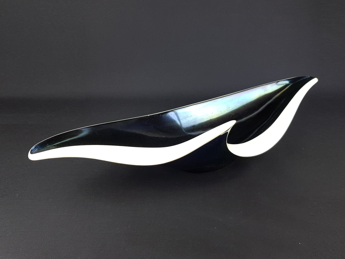 Vintage French Design VERCERAM Ceramique Mother Of Pearl Iridescent Black Dolphin Fruit Bowl 1950s 1960s France Pottery