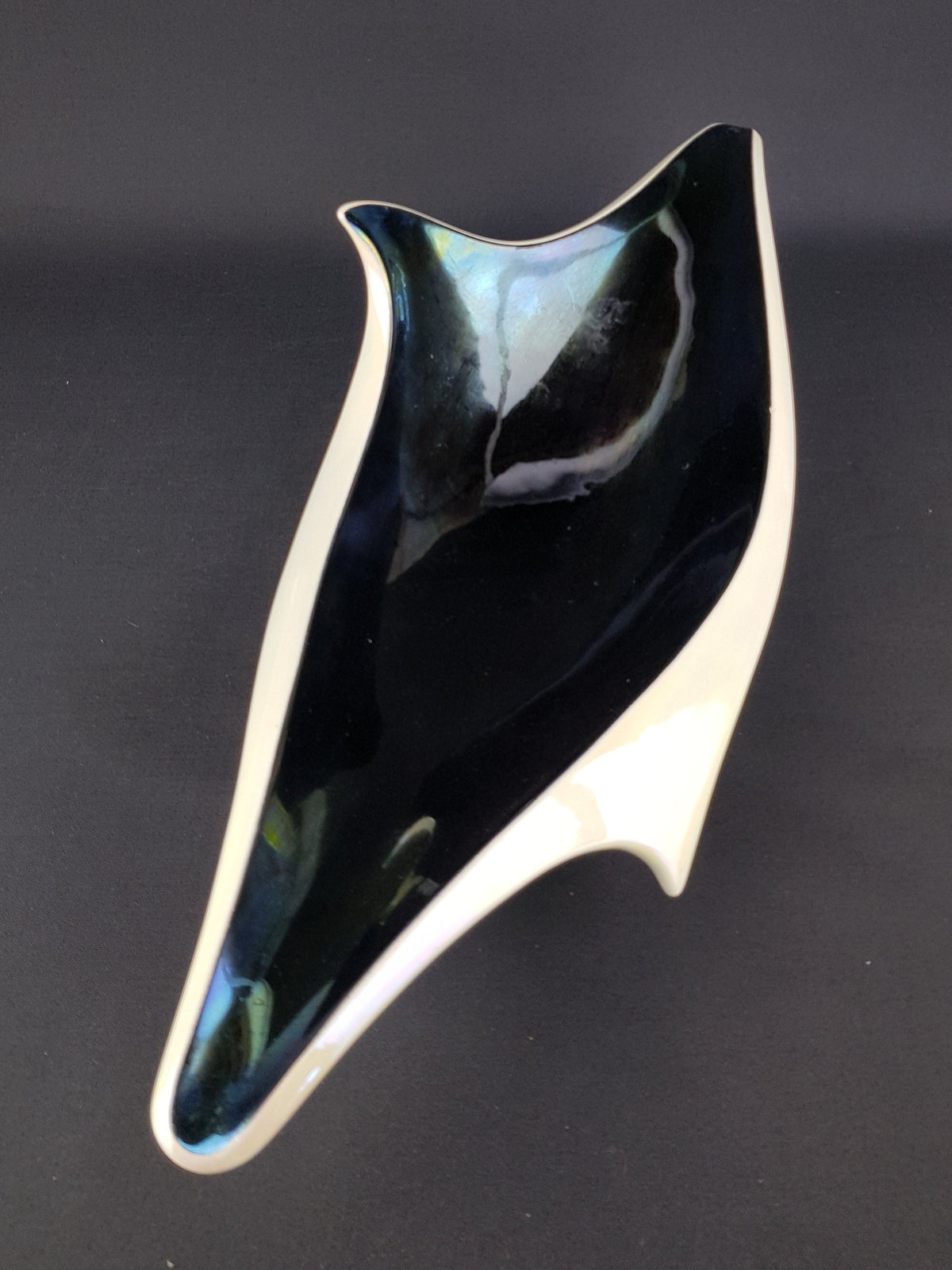 Vintage French Design VERCERAM Ceramique Mother Of Pearl Iridescent Black Dolphin Fruit Bowl 1950s 1960s France Pottery