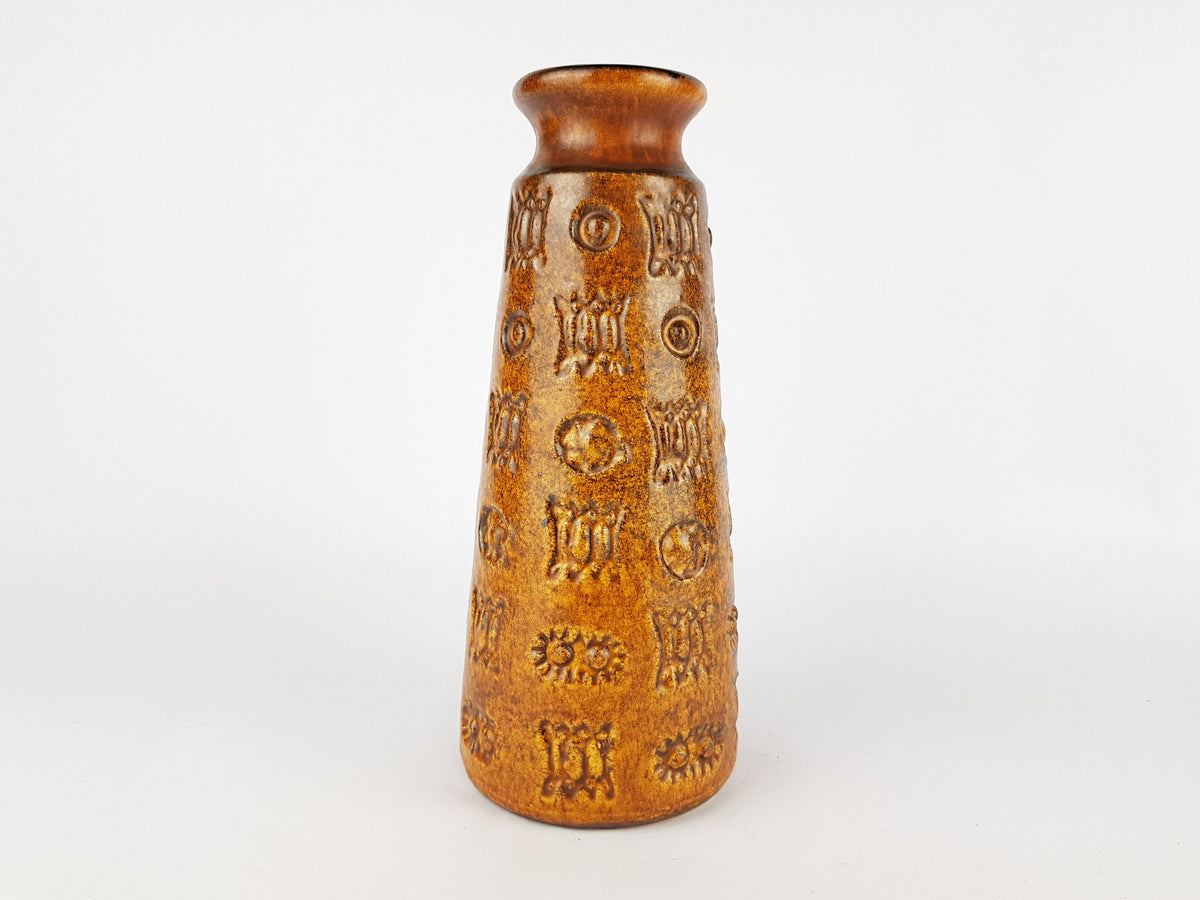 Vintage Caramel Brown SPARA KERAMIK Fat Lava Vase with Relief Decor 615 25 Design By Halidan Kutlv West German Pottery 1960s