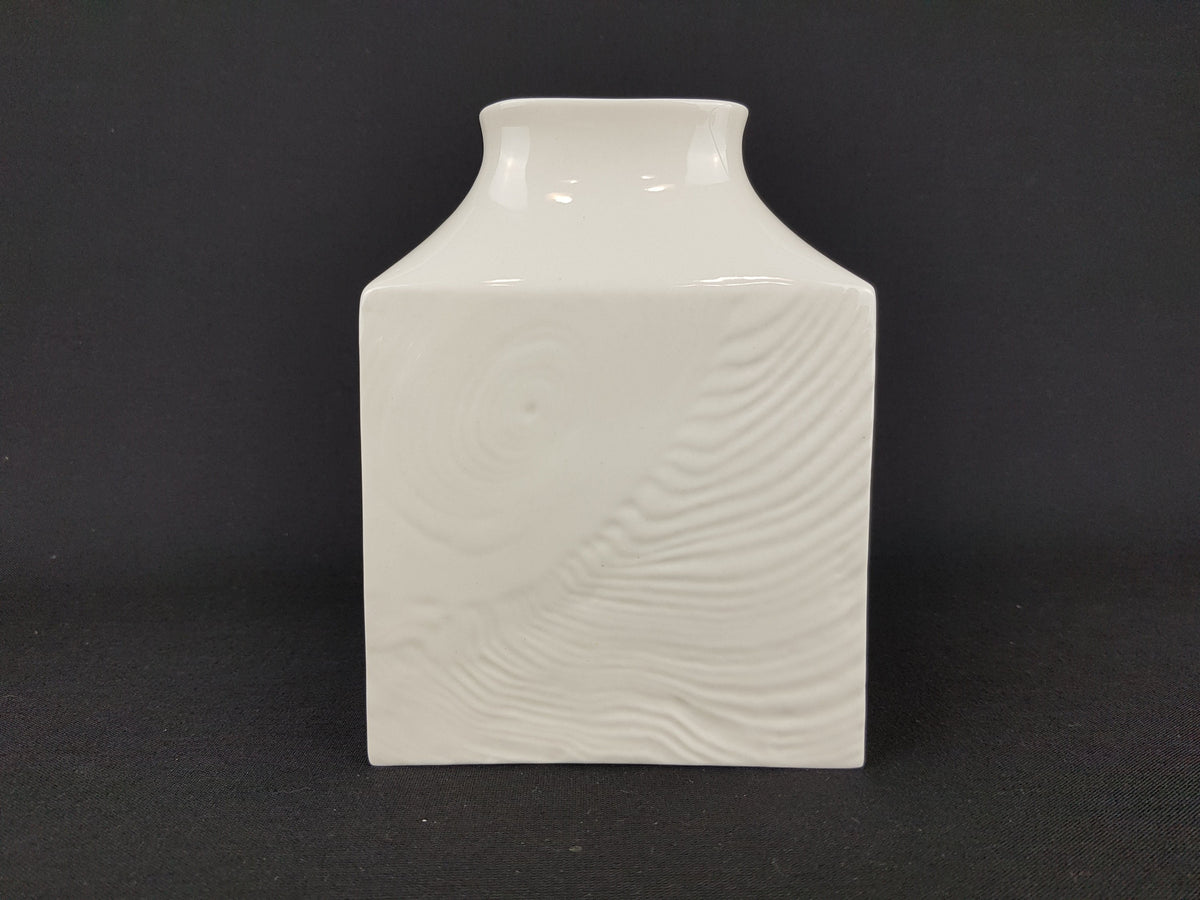 Vintage White SGRAFO Modern Porcelain Square Vase With Bark Relief Decor 1961/15 West German Pottery 1950-60s