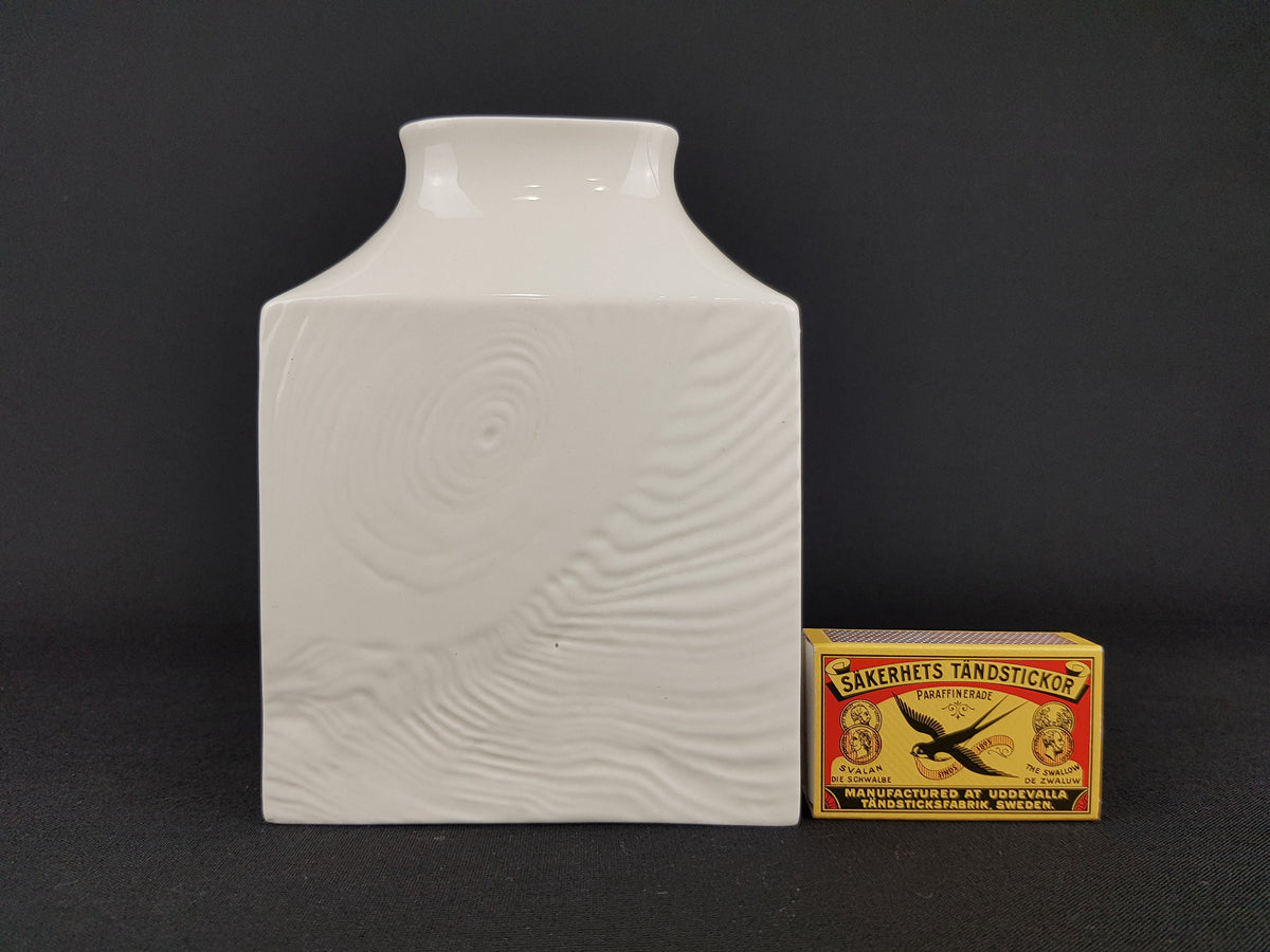 Vintage White SGRAFO Modern Porcelain Square Vase With Bark Relief Decor 1961/15 West German Pottery 1950-60s