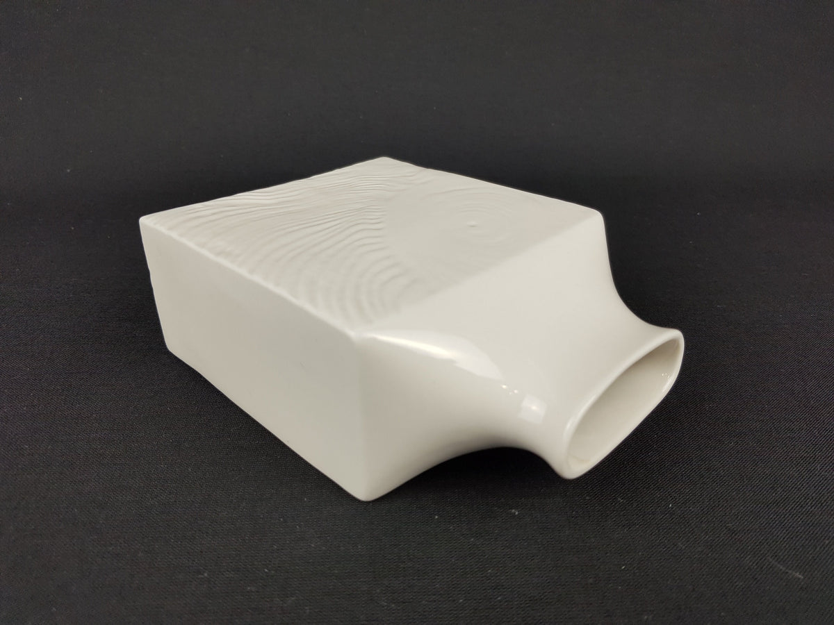 Vintage White SGRAFO Modern Porcelain Square Vase With Bark Relief Decor 1961/15 West German Pottery 1950-60s
