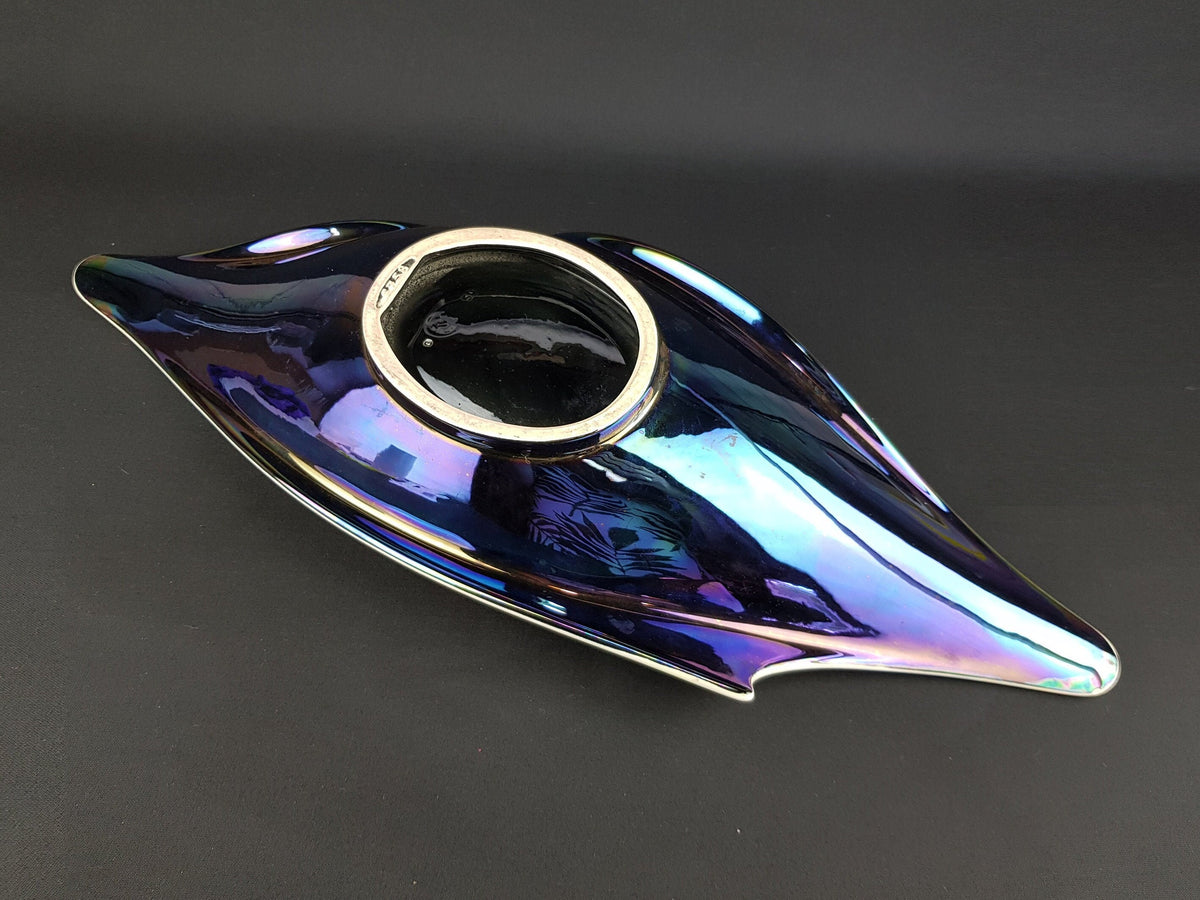 Vintage French Design VERCERAM Ceramique Mother Of Pearl Iridescent Black Dolphin Fruit Bowl 1950s 1960s France Pottery