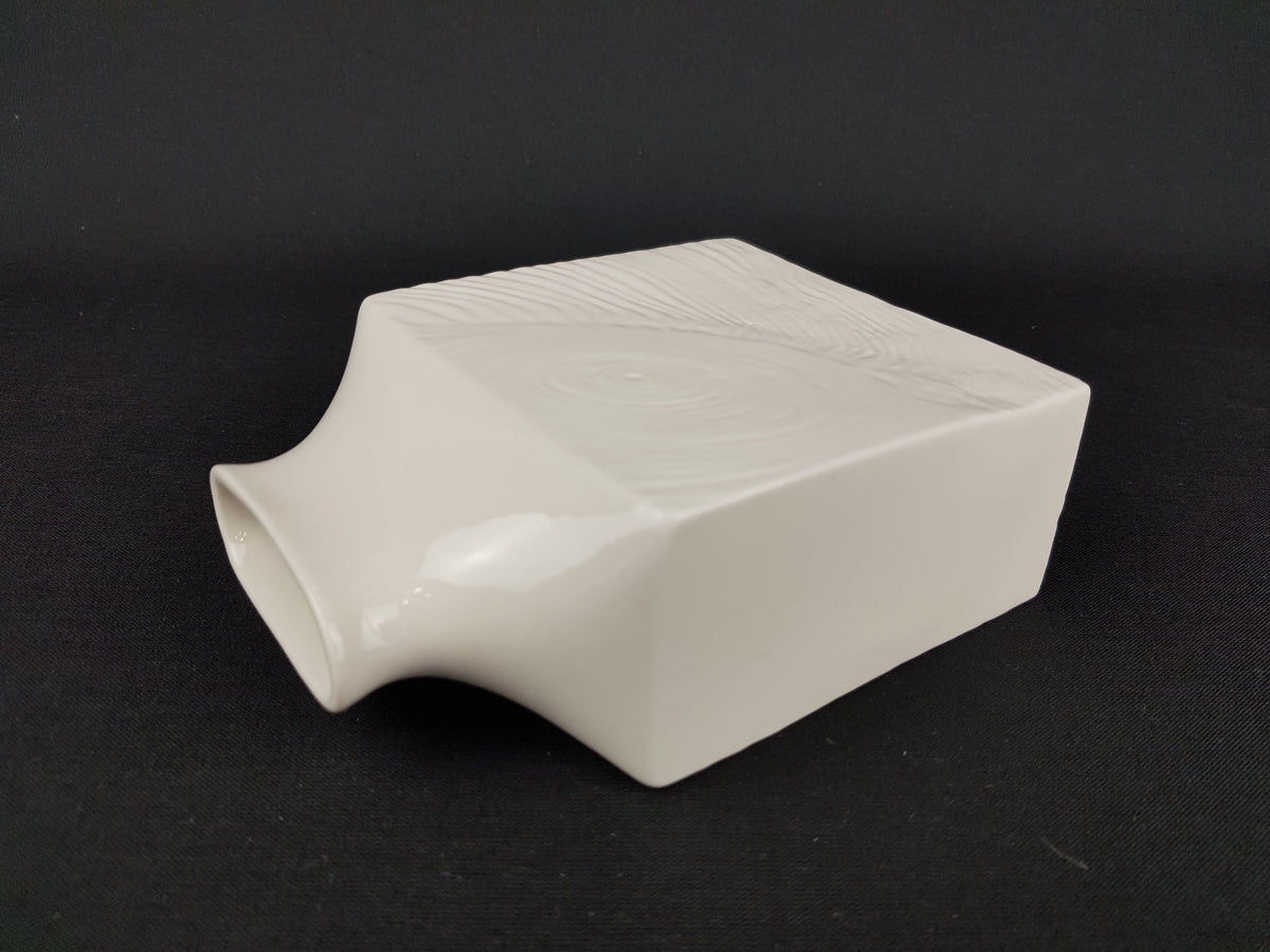 Vintage White SGRAFO Modern Porcelain Square Vase With Bark Relief Decor 1961/15 West German Pottery 1950-60s
