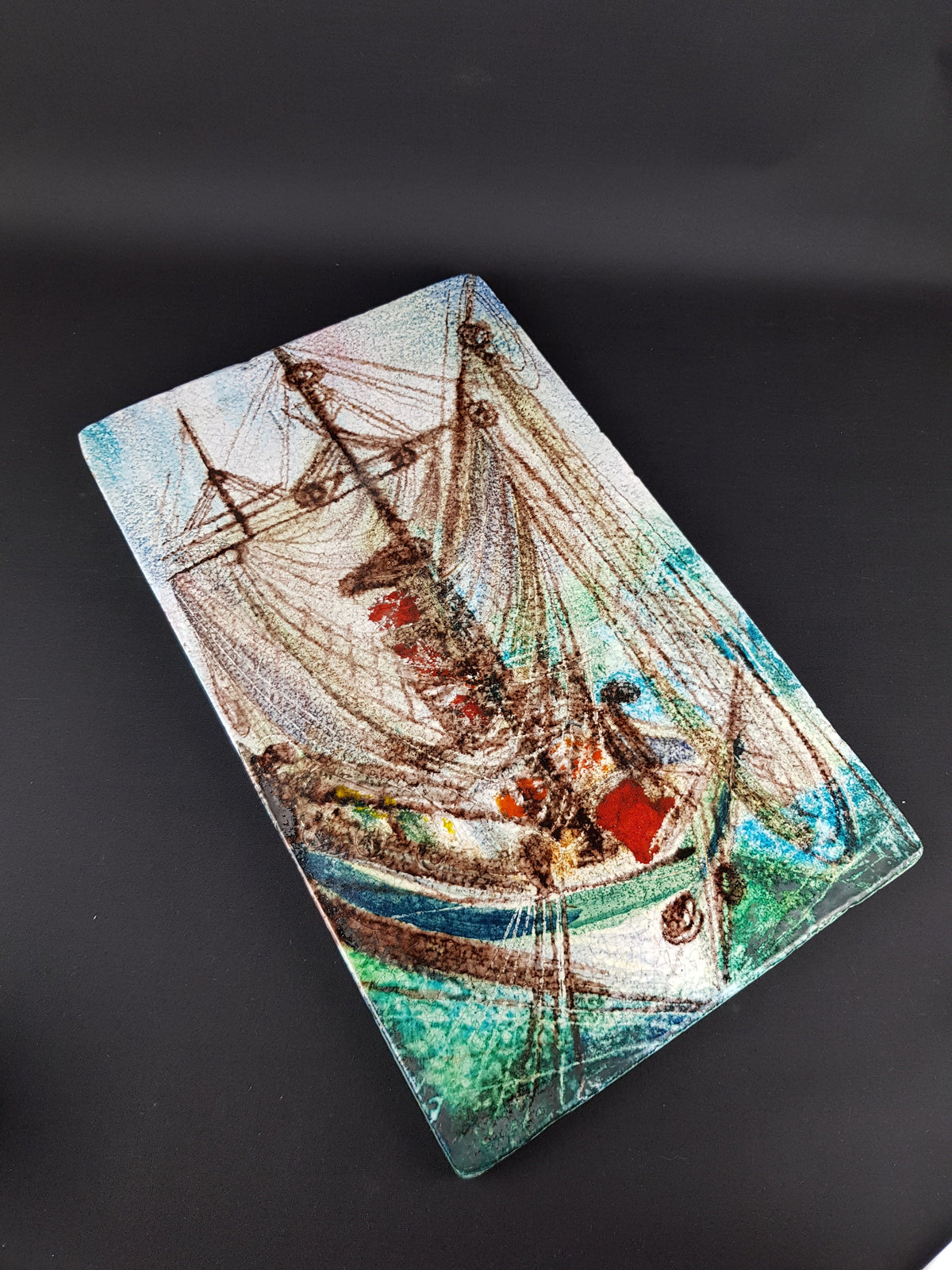 Vintage STUDIO ART POTTERY Wall Plate with Sailing Ship decor European Pottery