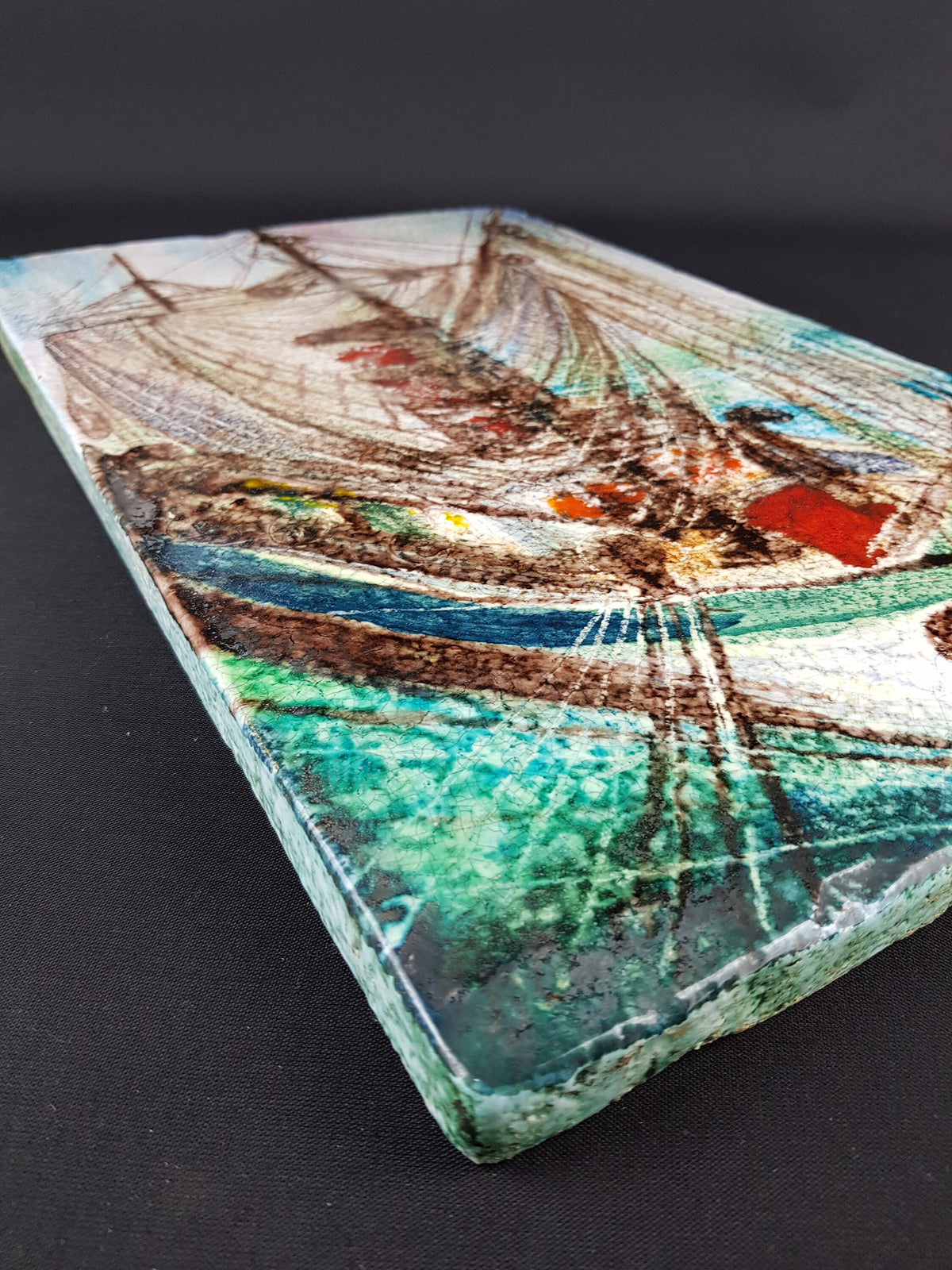 Vintage STUDIO ART POTTERY Wall Plate with Sailing Ship decor European Pottery