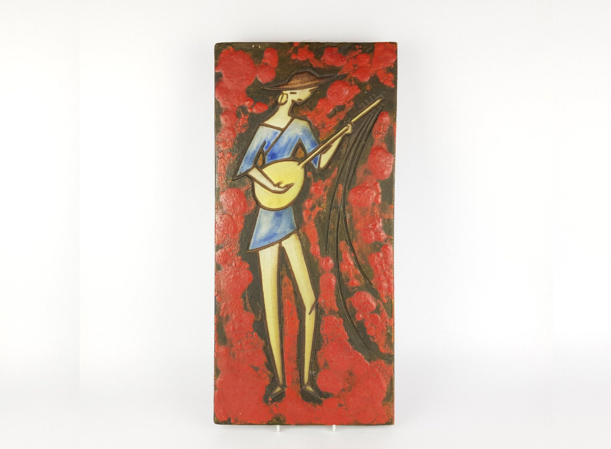 Rare Vintage Red RUSCHA KERAMIK Fat Lava Wall Plate with Musician Decor Dokumenta Serie by Adele Bolz 1960s