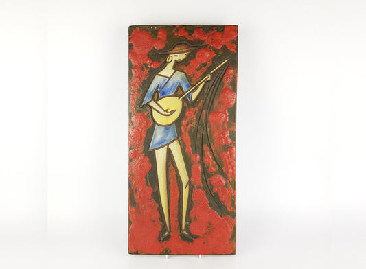 Rare Vintage Red RUSCHA KERAMIK Fat Lava Wall Plate with Musician Decor Dokumenta Serie by Adele Bolz 1960s