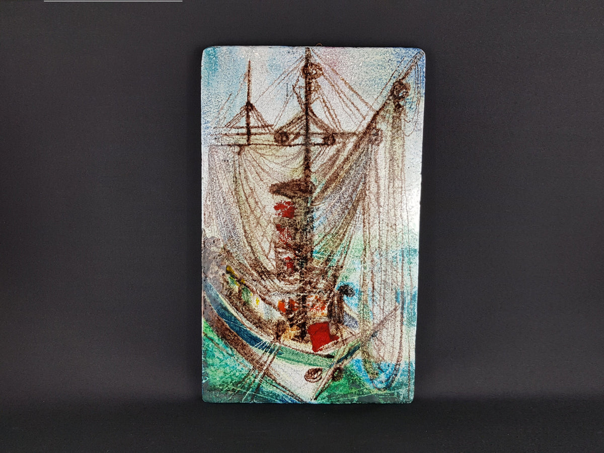 Vintage STUDIO ART POTTERY Wall Plate with Sailing Ship decor European Pottery