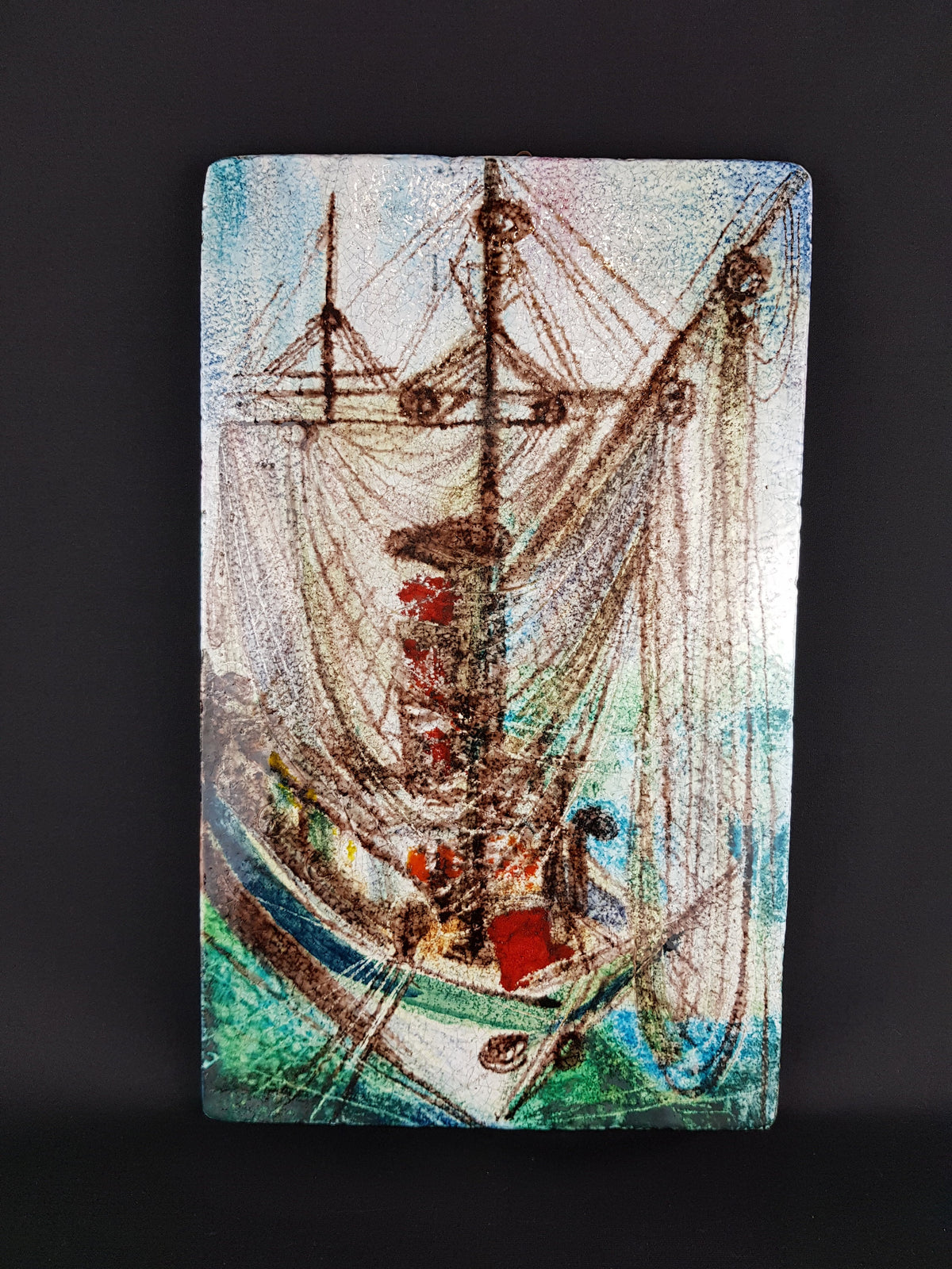 Vintage STUDIO ART POTTERY Wall Plate with Sailing Ship decor European Pottery