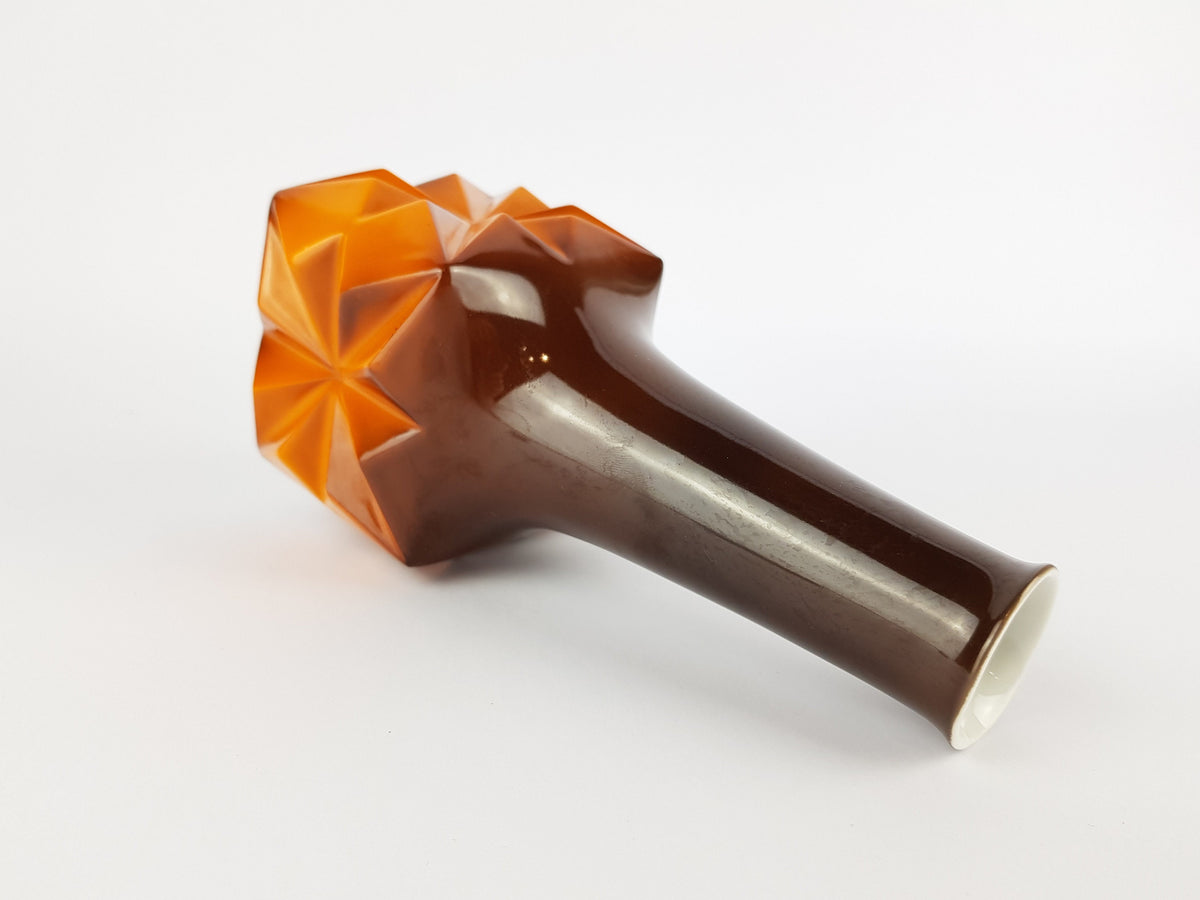 Vintage RIEBER PORZELLAN Brown Orange Op Art Porcelain Vase from Mitterteich Bavaria Germany 1970s