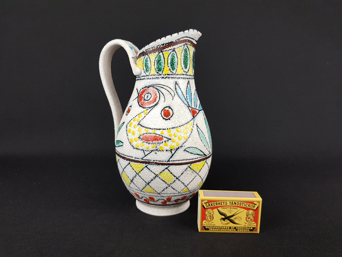 Vintage Handled Jug Vase from FRATELLI FANCIULLACCI With Birds Decor From Italy 7435 - 1960s