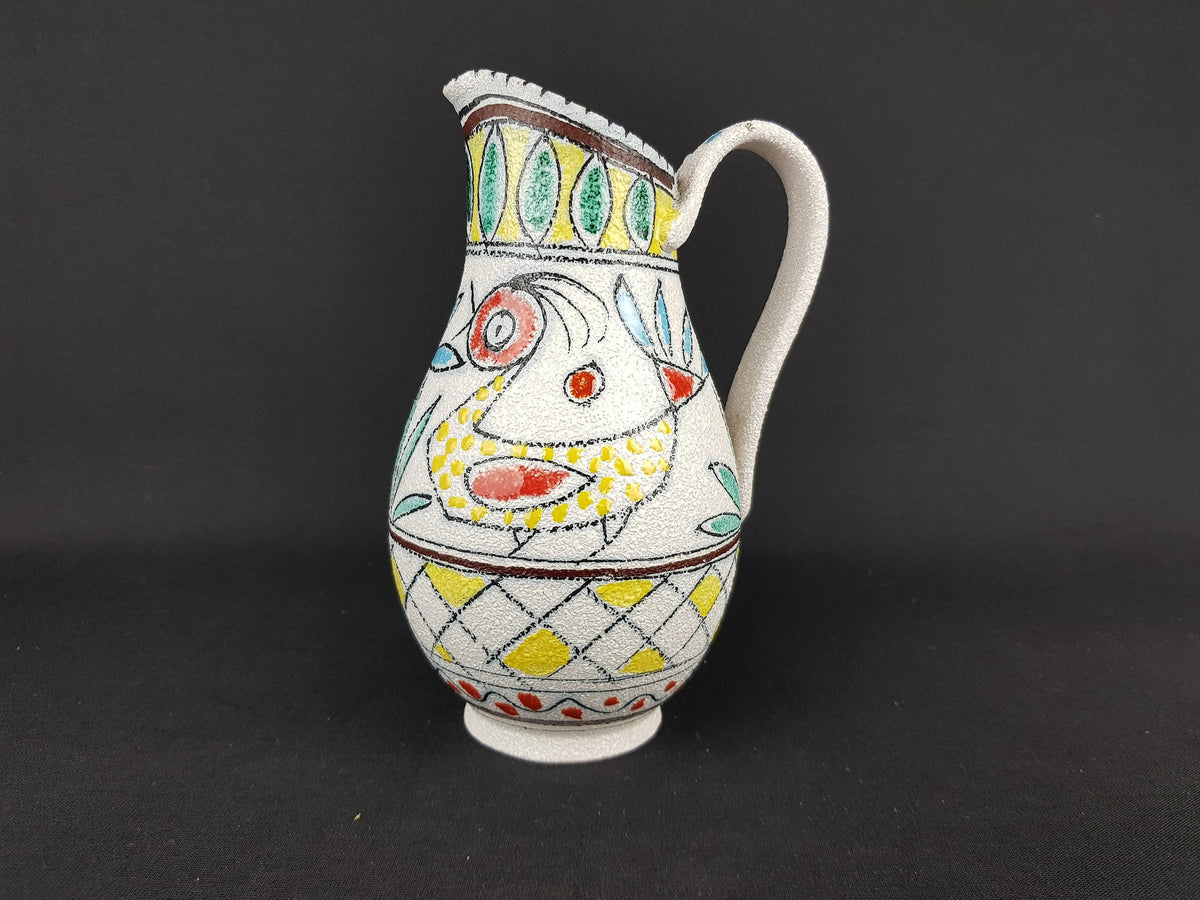 Vintage Handled Jug Vase from FRATELLI FANCIULLACCI With Birds Decor From Italy 7435 - 1960s