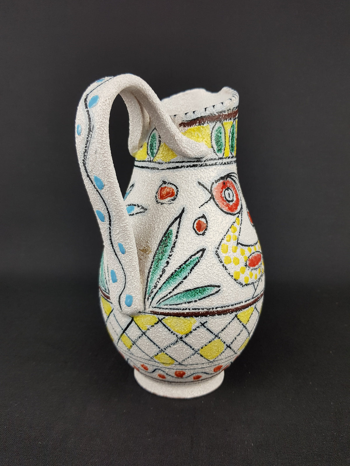 Vintage Handled Jug Vase from FRATELLI FANCIULLACCI With Birds Decor From Italy 7435 - 1960s