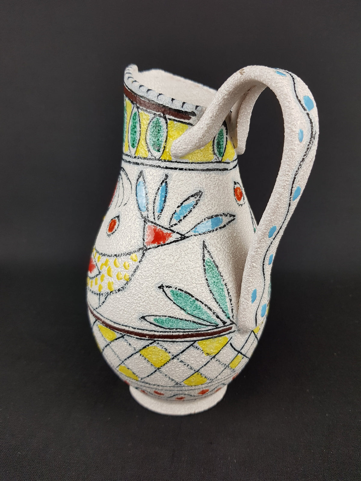 Vintage Handled Jug Vase from FRATELLI FANCIULLACCI With Birds Decor From Italy 7435 - 1960s